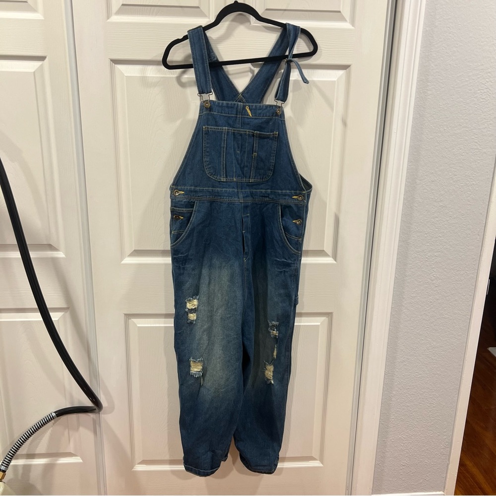 Monthorigin Distressed Jean Bib Overalls Blue Denim Women’s Size Large Relaxed